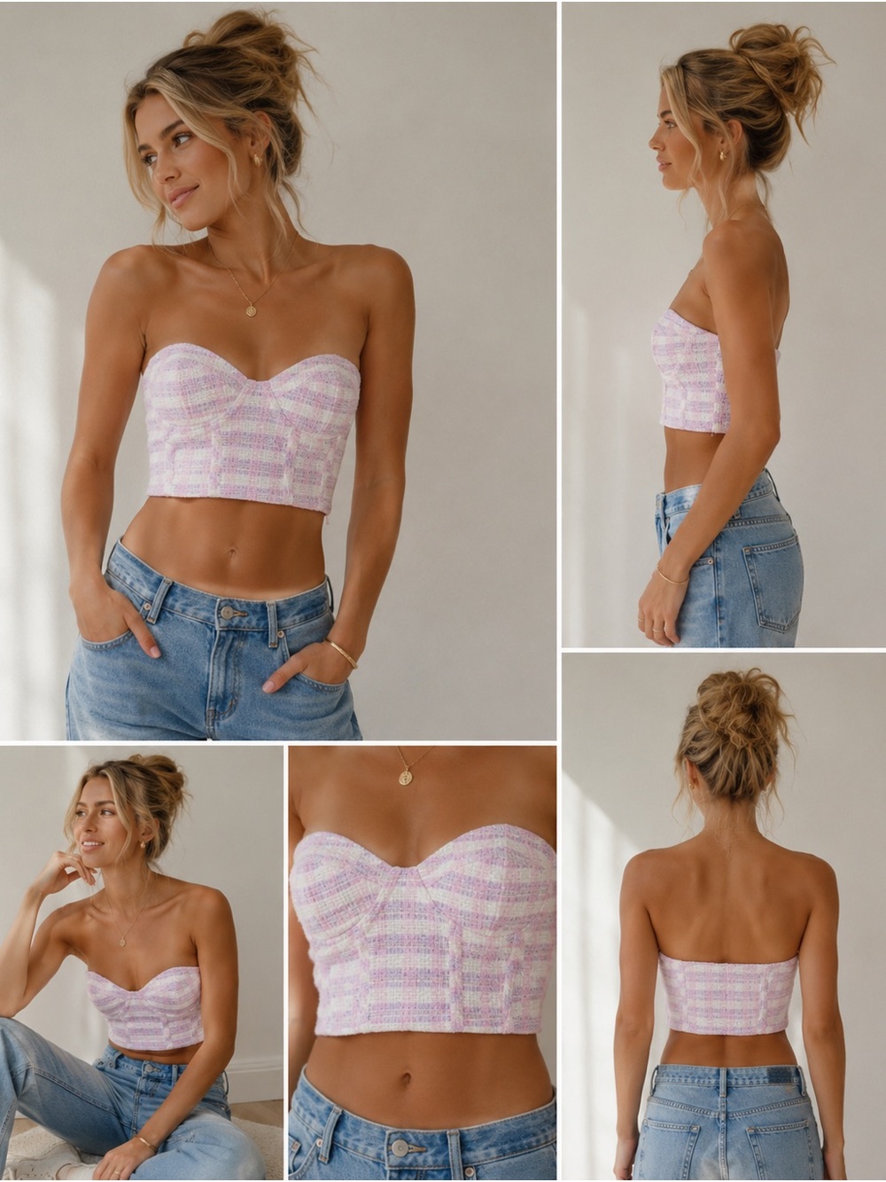 NWT Zara Lilac Plaid Tweed Strapless Sweetheart Crop Top